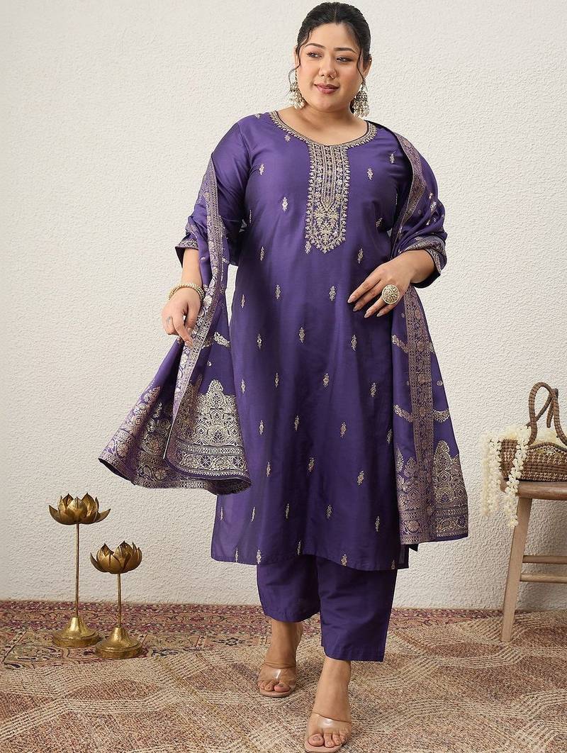 Plus Size Embroidered Regular Kurta with Trousers & With Dupatta