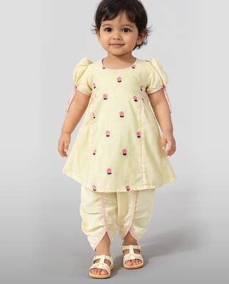 Cotton blend kurta dhoti set for girls | cream yellow | embroidered | festive wear 3