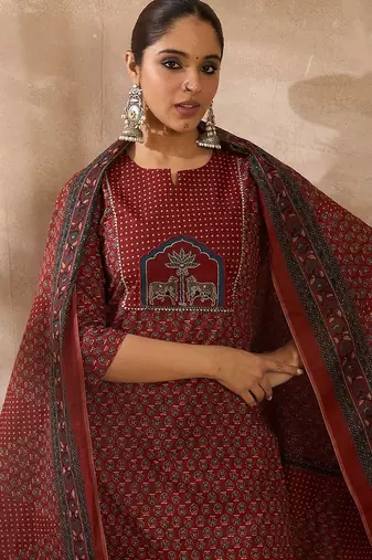 Women Ethnic Motifs Printed Regular Pure Cotton Kurta with Trousers & With Dupatta