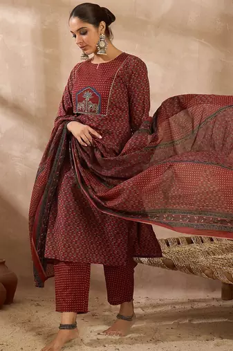 Women Ethnic Motifs Printed Regular Pure Cotton Kurta with Trousers & With Dupatta