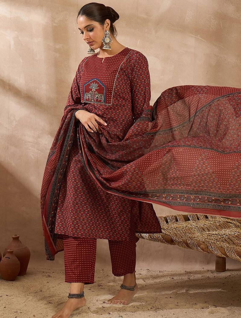 Women Ethnic Motifs Printed Regular  Cotton Kurta with Trousers & With Dupatta