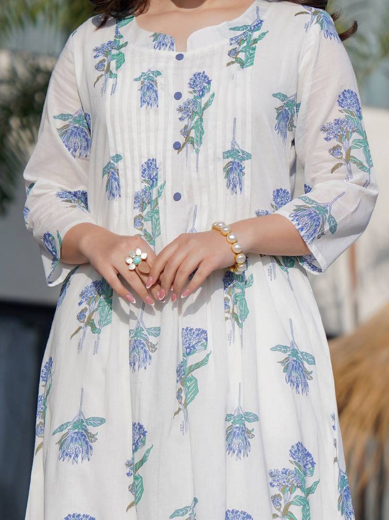 Floral Printed Round Neck Panelled A-Line  Cotton Kurta With Trousers