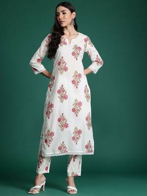Women Floral Printed Pure Cotton Kurta with Trousers 4