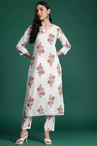 Women Floral Printed Pure Cotton Kurta with Trousers