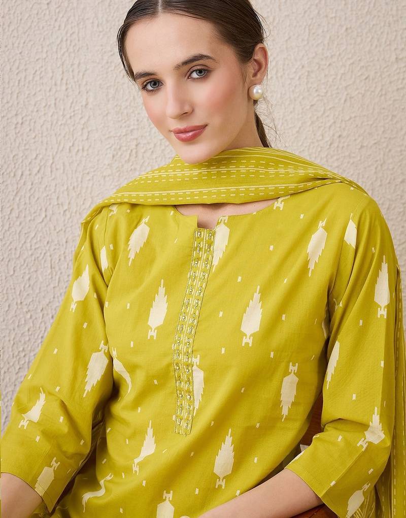 Floral Printed Notch Neck Sequinned  Cotton Kurta & Trousers & Dupatta