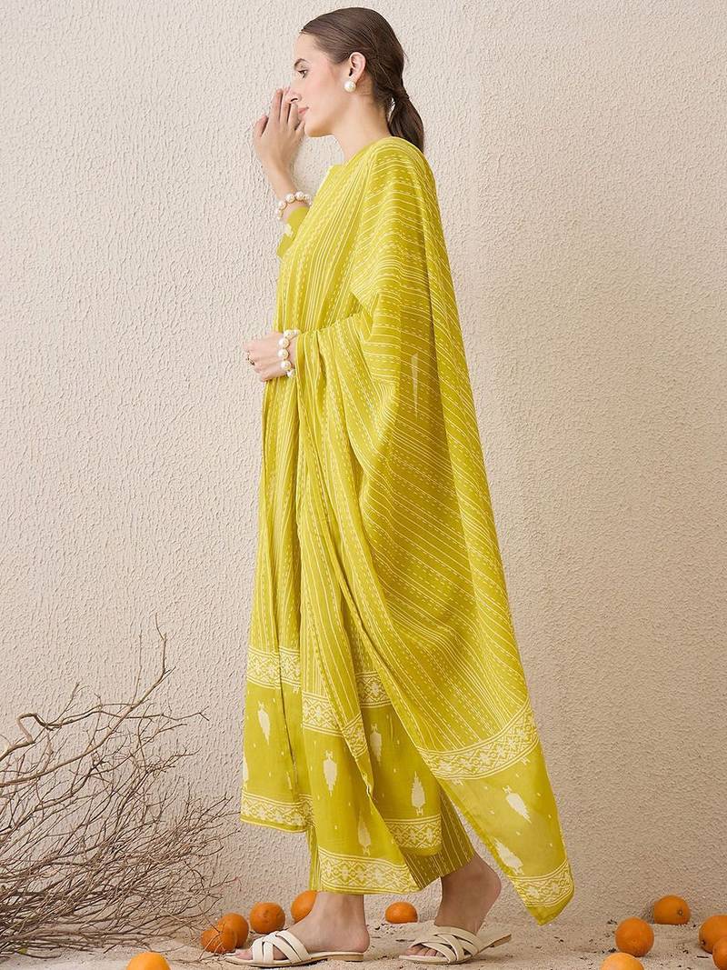 Floral Printed Notch Neck Sequinned  Cotton Kurta & Trousers & Dupatta