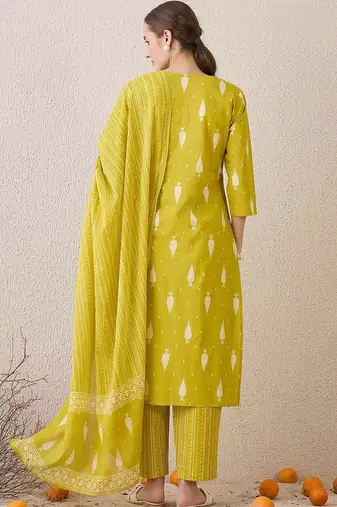 Floral Printed Notch Neck Sequinned  Cotton Kurta & Trousers & Dupatta