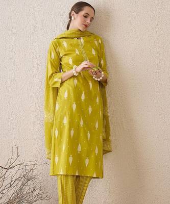 Floral Printed Notch Neck Sequinned  Cotton Kurta & Trousers & Dupatta 1