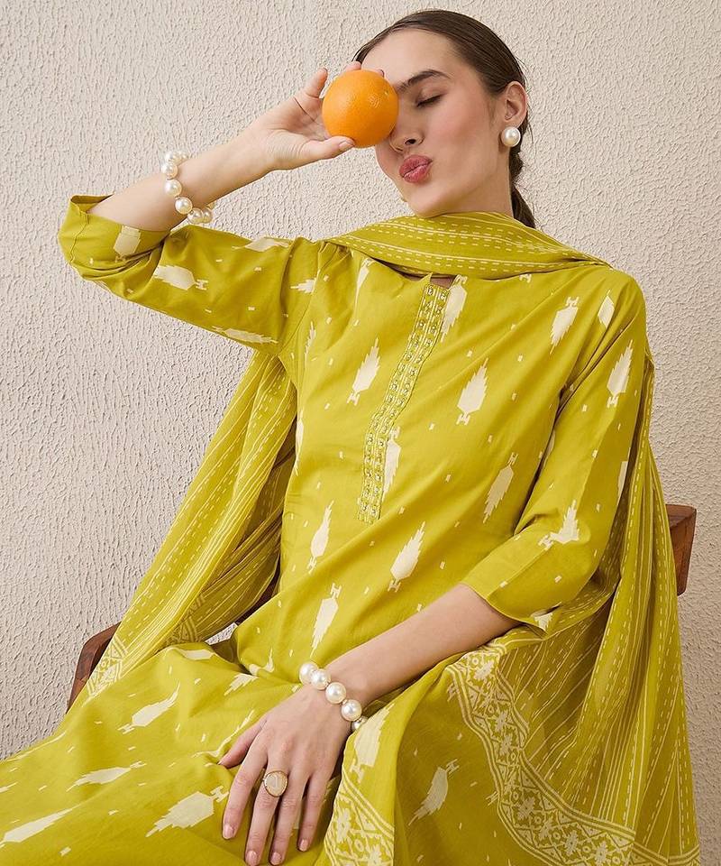 Floral Printed Notch Neck Sequinned  Cotton Kurta & Trousers & Dupatta