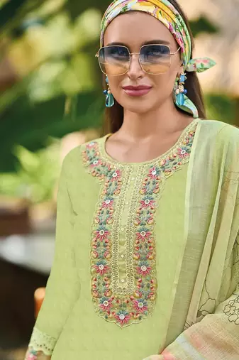 Floral Embroidered  Cotton Straight Kurta With Trousers & Dupatta