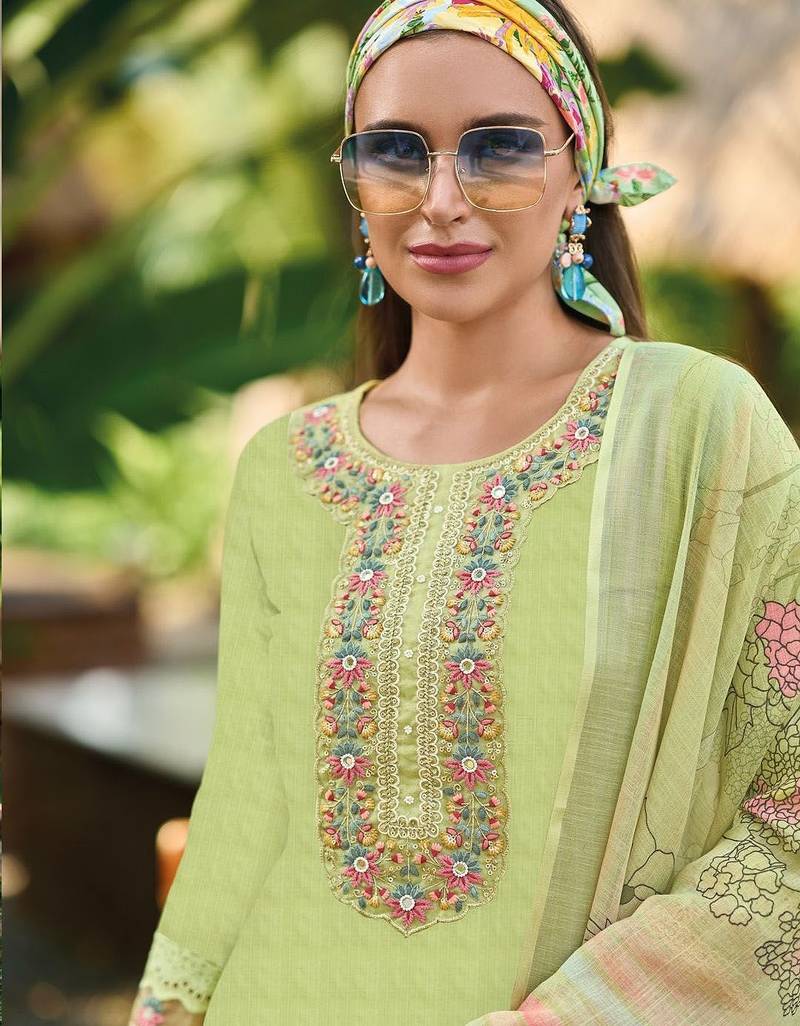 Floral Embroidered  Cotton Straight Kurta With Trousers & Dupatta