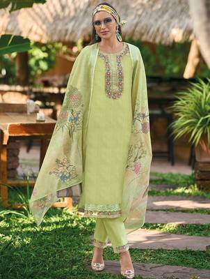 Floral Embroidered  Cotton Straight Kurta With Trousers & Dupatta 3