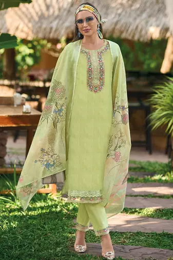 Floral Embroidered  Cotton Straight Kurta With Trousers & Dupatta