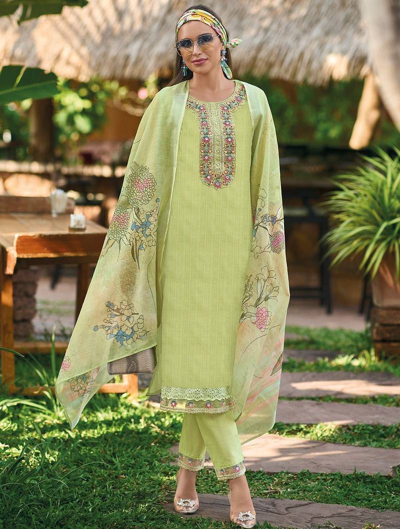 Floral Embroidered  Cotton Straight Kurta With Trousers & Dupatta