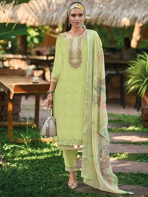 Floral Embroidered  Cotton Straight Kurta With Trousers & Dupatta 1