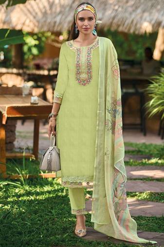 Floral Embroidered Cotton Straight Kurta With Trousers & Dupatta