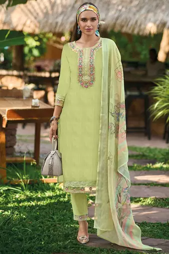 Floral Embroidered  Cotton Straight Kurta With Trousers & Dupatta
