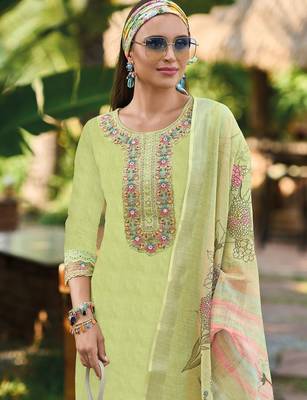 Floral Embroidered  Cotton Straight Kurta With Trousers & Dupatta 4