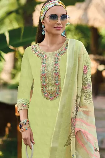 Floral Embroidered  Cotton Straight Kurta With Trousers & Dupatta
