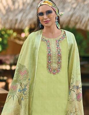 Floral Embroidered  Cotton Straight Kurta With Trousers & Dupatta 5