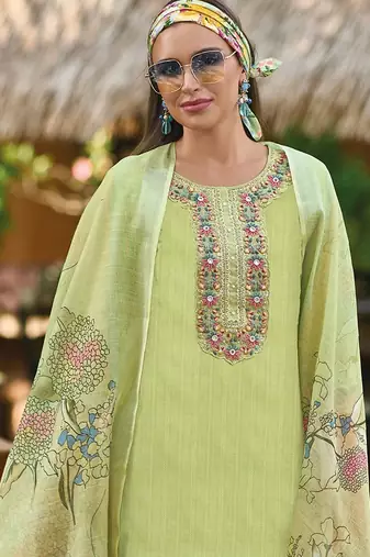 Floral Embroidered  Cotton Straight Kurta With Trousers & Dupatta