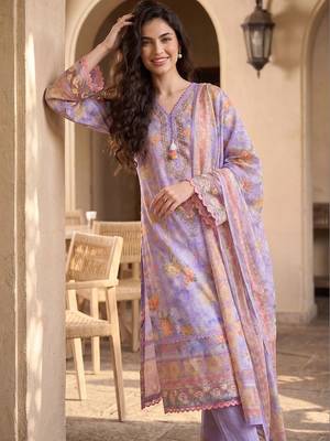 Women Floral Printed Regular Linen Kurta with Trousers & With Dupatta 1