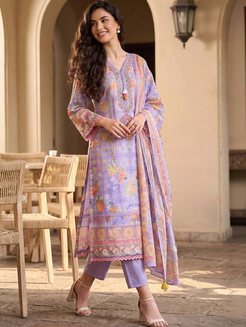 Women Floral Printed Regular Linen Kurta with Trousers & With Dupatta