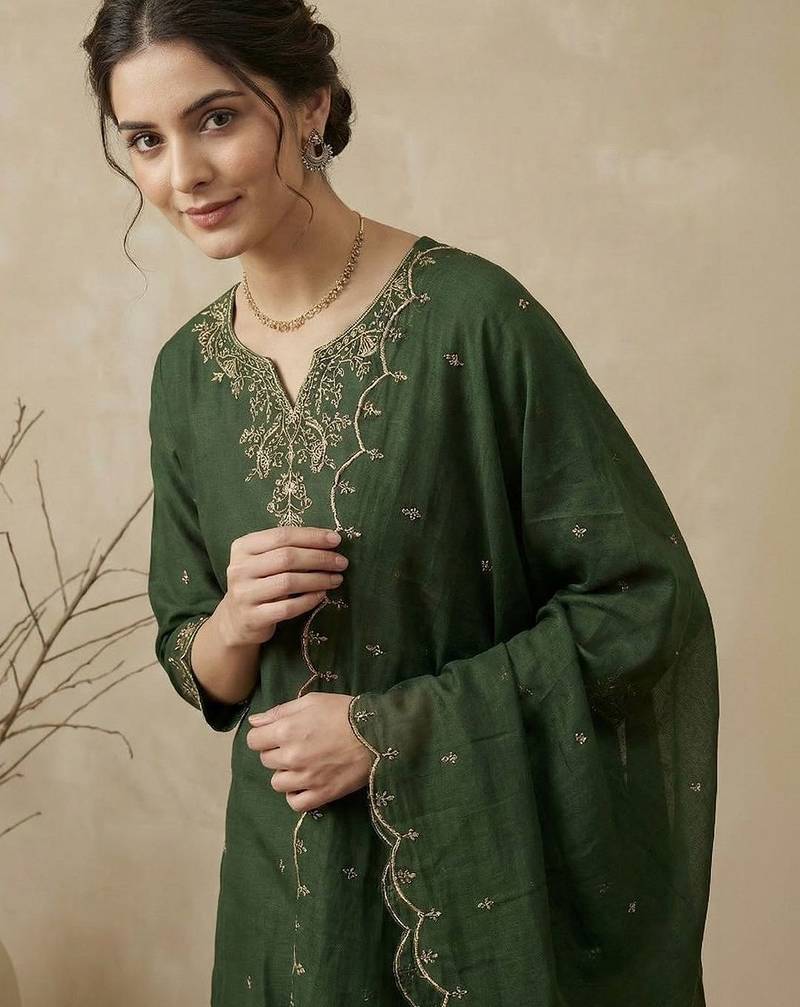 Women Ethnic Motifs Embroidered Regular Thread Work Kurta with Trousers & With Dupatta