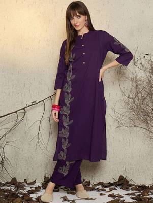 Floral Embroidered Mandarin Collar Thread Work  Cotton Kurta With Trousers 1
