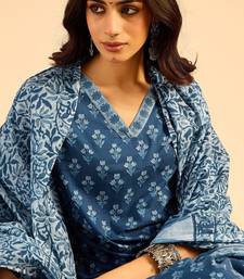 Blue Floral Printed V-Neck  Cotton Straight Kurta with Palazzo & Dupatta