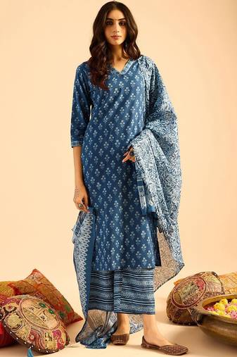 Blue Floral Printed V-Neck Cotton Straight Kurta with Palazzo & Dupatta