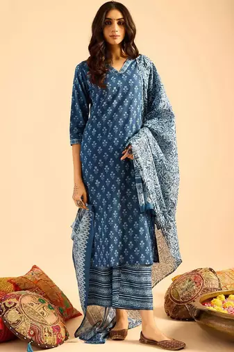 Blue Floral Printed V-Neck  Cotton Straight Kurta with Palazzo & Dupatta