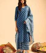 Blue Floral Printed V-Neck  Cotton Straight Kurta with Palazzo & Dupatta