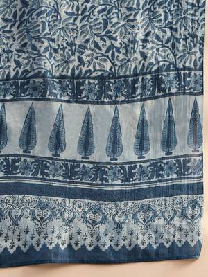 Blue Floral Printed V-Neck  Cotton Straight Kurta with Palazzo & Dupatta 4