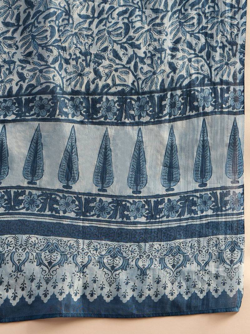 Blue Floral Printed V-Neck  Cotton Straight Kurta with Palazzo & Dupatta