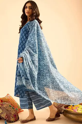 Blue Floral Printed V-Neck  Cotton Straight Kurta with Palazzo & Dupatta