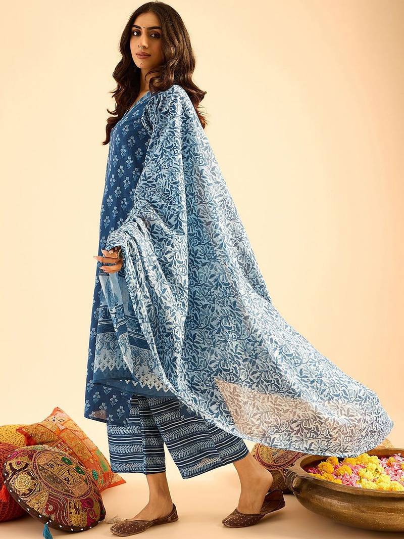 Blue Floral Printed V-Neck  Cotton Straight Kurta with Palazzo & Dupatta