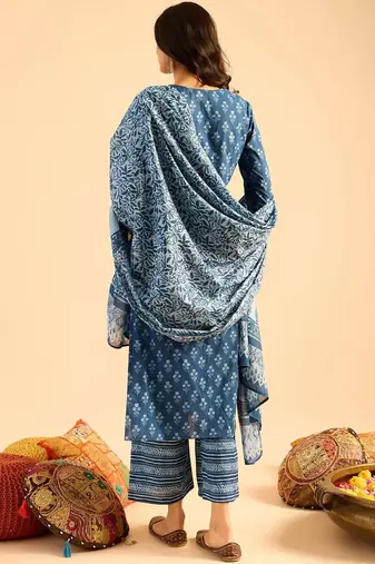 Blue Floral Printed V-Neck  Cotton Straight Kurta with Palazzo & Dupatta