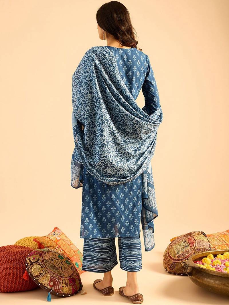 Blue Floral Printed V-Neck  Cotton Straight Kurta with Palazzo & Dupatta