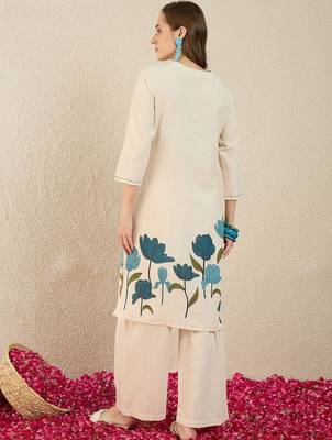 Women Floral Embroidered Regular Thread Work  Cotton Kurta with Palazzos 4