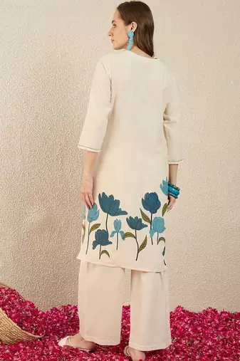 Women Floral Embroidered Regular Thread Work Pure Cotton Kurta with Palazzos