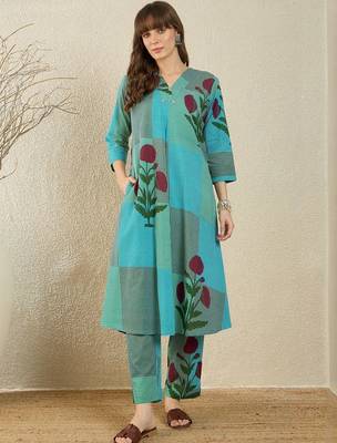 Floral Printed  Cotton A Line Kurta With Trousers 1