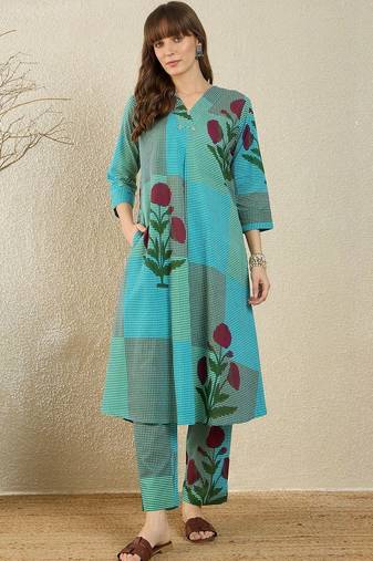 Floral Printed Cotton A Line Kurta With Trousers