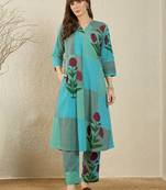 Floral Printed  Cotton A Line Kurta With Trousers