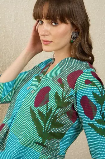 Floral Printed Pure Cotton A Line Kurta With Trousers