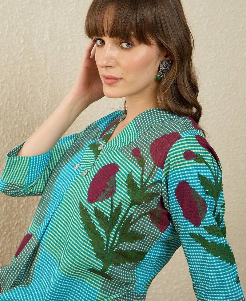 Floral Printed  Cotton A Line Kurta With Trousers