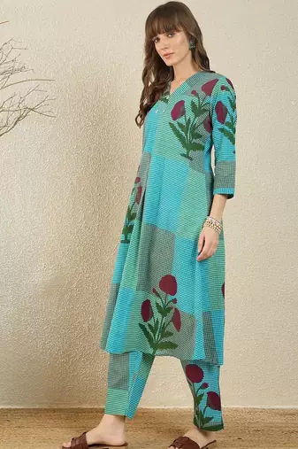Floral Printed Pure Cotton A Line Kurta With Trousers