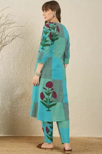 Floral Printed Pure Cotton A Line Kurta With Trousers