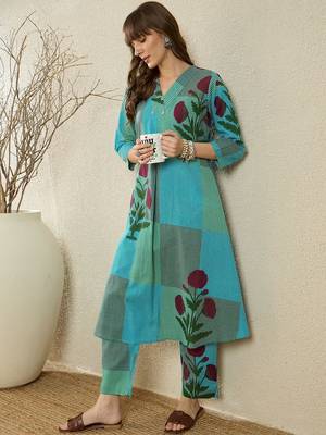 Floral Printed  Cotton A Line Kurta With Trousers 5