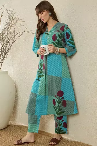 Floral Printed Pure Cotton A Line Kurta With Trousers